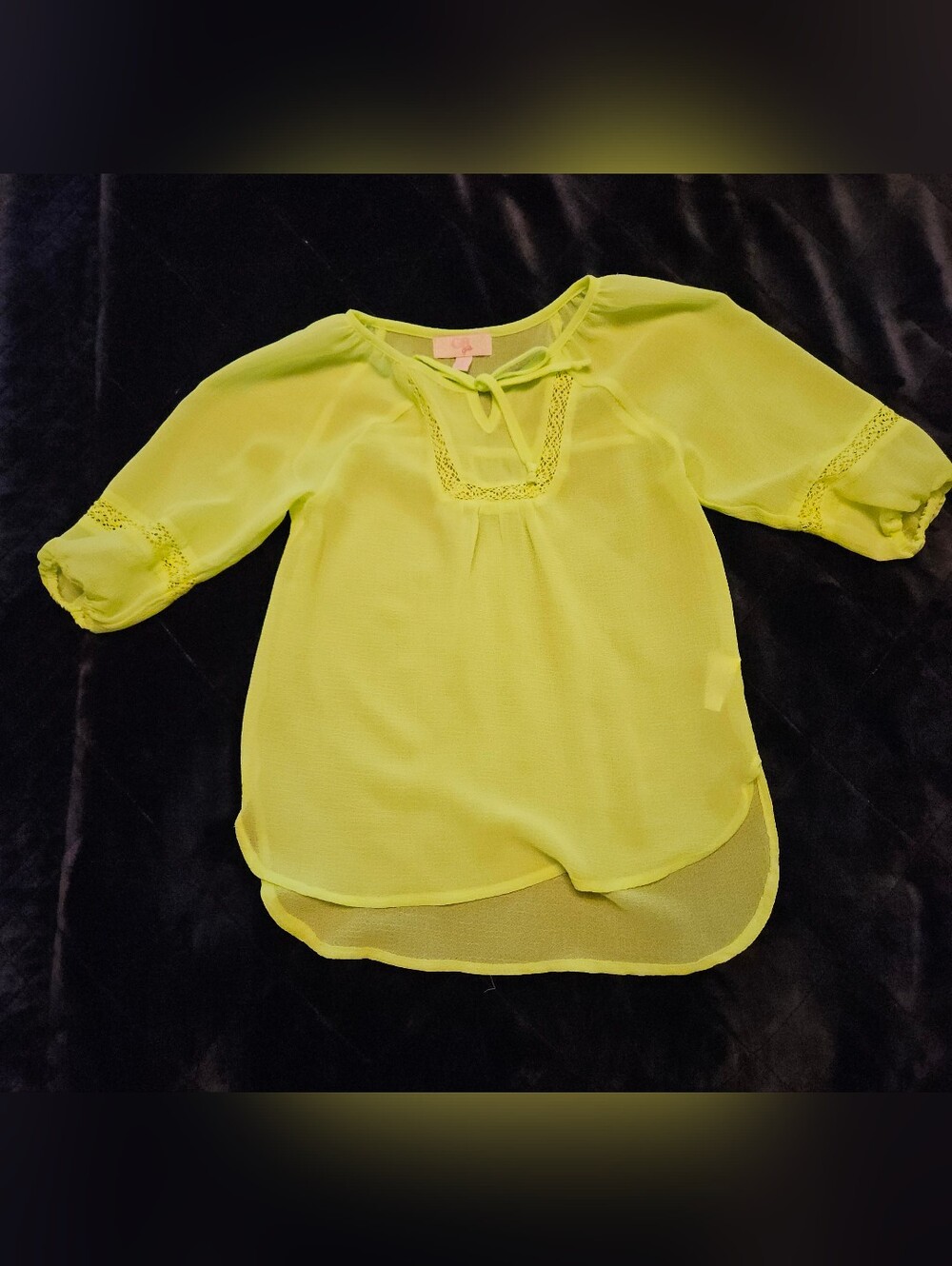 GB girls Neon Yellow Chiffon Peasant Top with Lace Trim